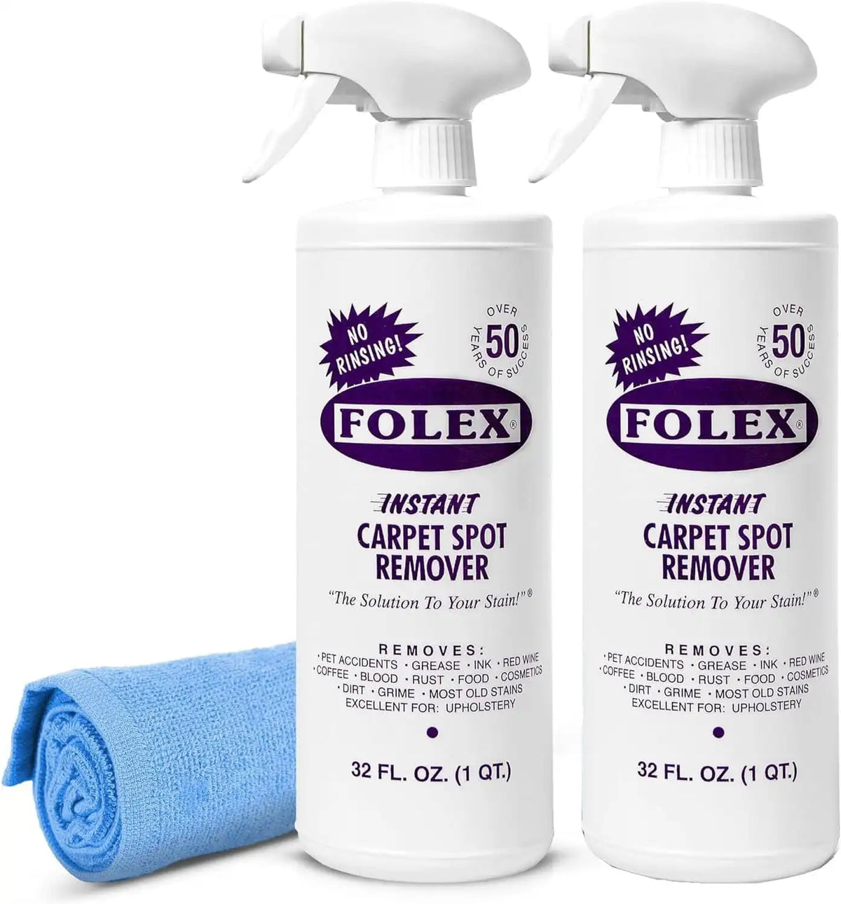 FOLEX Instant Carpet Spot Remover 32 oz – Powerful Stain Remover for Carpets, Upholstery & Rugs – Eliminates Pet Stains, Grease, Red Wine, Food, Makeup & More – With Reusable Cleaning Cloth - 2 Pack