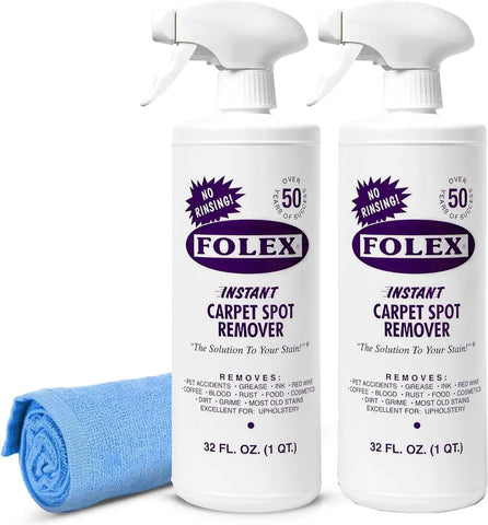 FOLEX Instant Carpet Spot Remover 32 oz – Powerful Stain Remover for Carpets, Upholstery & Rugs – Eliminates Pet Stains, Grease, Red Wine, Food, Makeup & More – With Reusable Cleaning Cloth - 2 Pack