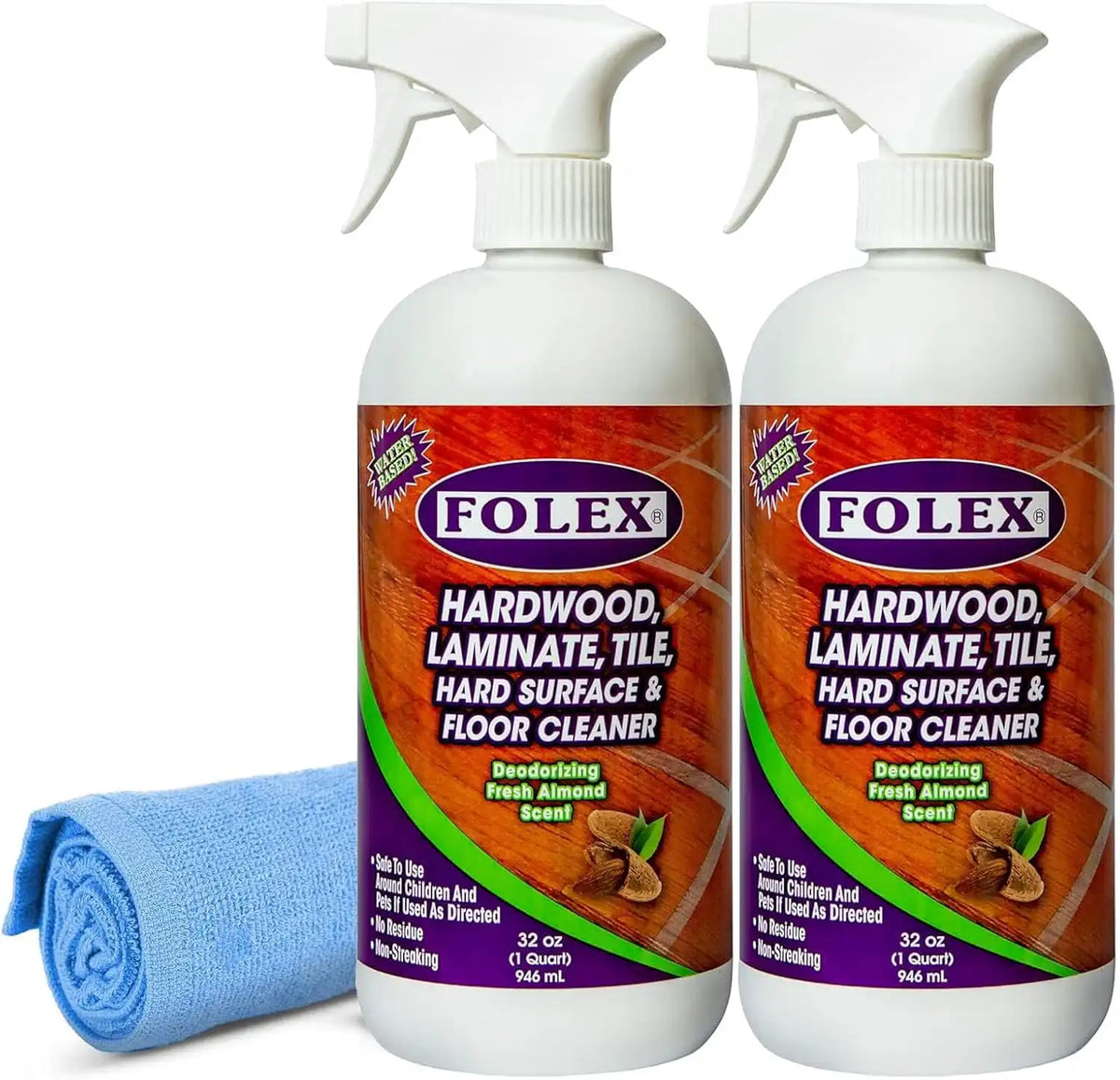 FOLEX Hardwood, Laminate, Tile, Hard Surface & Floor Cleaner with Reusable Cleaning Cloth, Fresh Almond Scent, Residue and Streak Free - 2 Pack