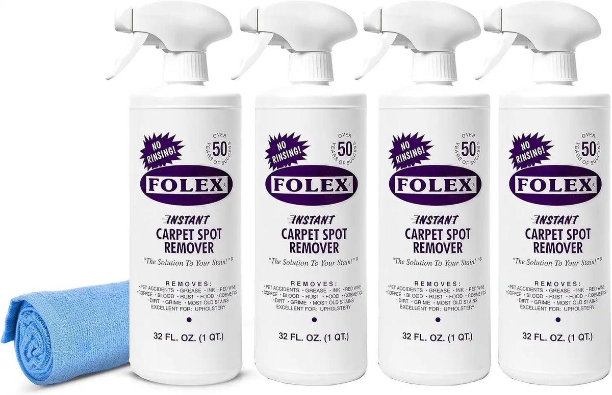FOLEX Instant Carpet Spot Remover 32 oz – Powerful Stain Remover for Carpets, Upholstery & Rugs – Eliminates Pet Stains, Grease, Red Wine, Food, Makeup & More – With Reusable Cleaning Cloth - 4 Pack