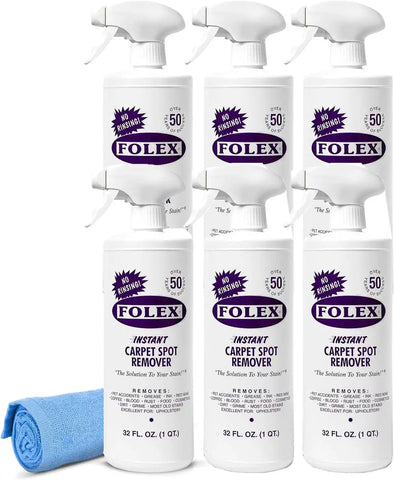 FOLEX Instant Carpet Spot Remover 32 oz – Powerful Stain Remover for Carpets, Upholstery & Rugs – Eliminates Pet Stains, Grease, Red Wine, Food, Makeup & More – With Reusable Cleaning Cloth - 6 Pack