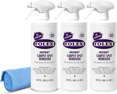 FOLEX Instant Carpet Spot Remover 32 oz – Powerful Stain Remover for Carpets, Upholstery & Rugs – Eliminates Pet Stains, Grease, Red Wine, Food, Makeup & More – With Reusable Cleaning Cloth - 3 Pack